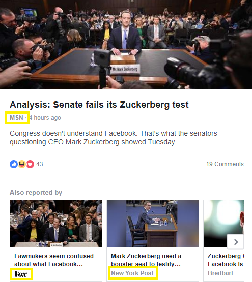 News coverage on Facebook of Mark Zuckerberg.