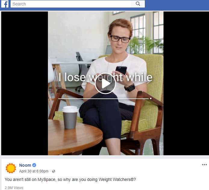 Noom ad campaign on Facebook making fun of Weight Watchers