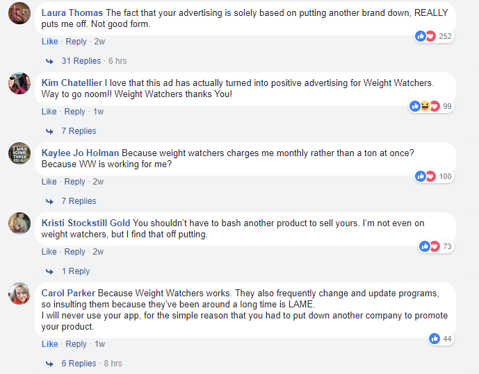 Replies to Noom ad campaign on Facebook