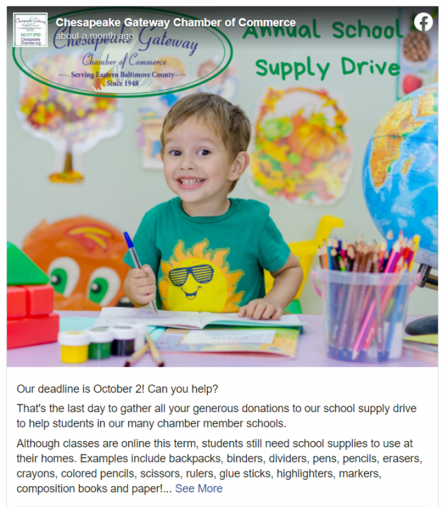 Facebook post for Chamber school supply drive